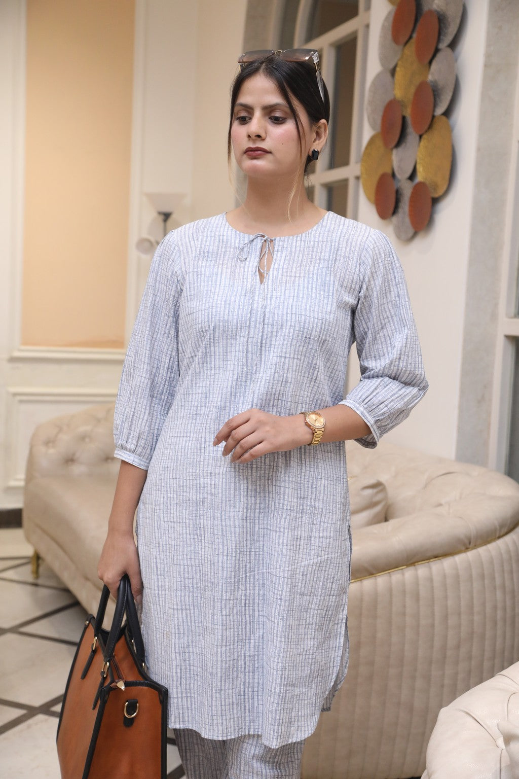 Negchar Striped Linen Kurta with Parallel Pajama Set