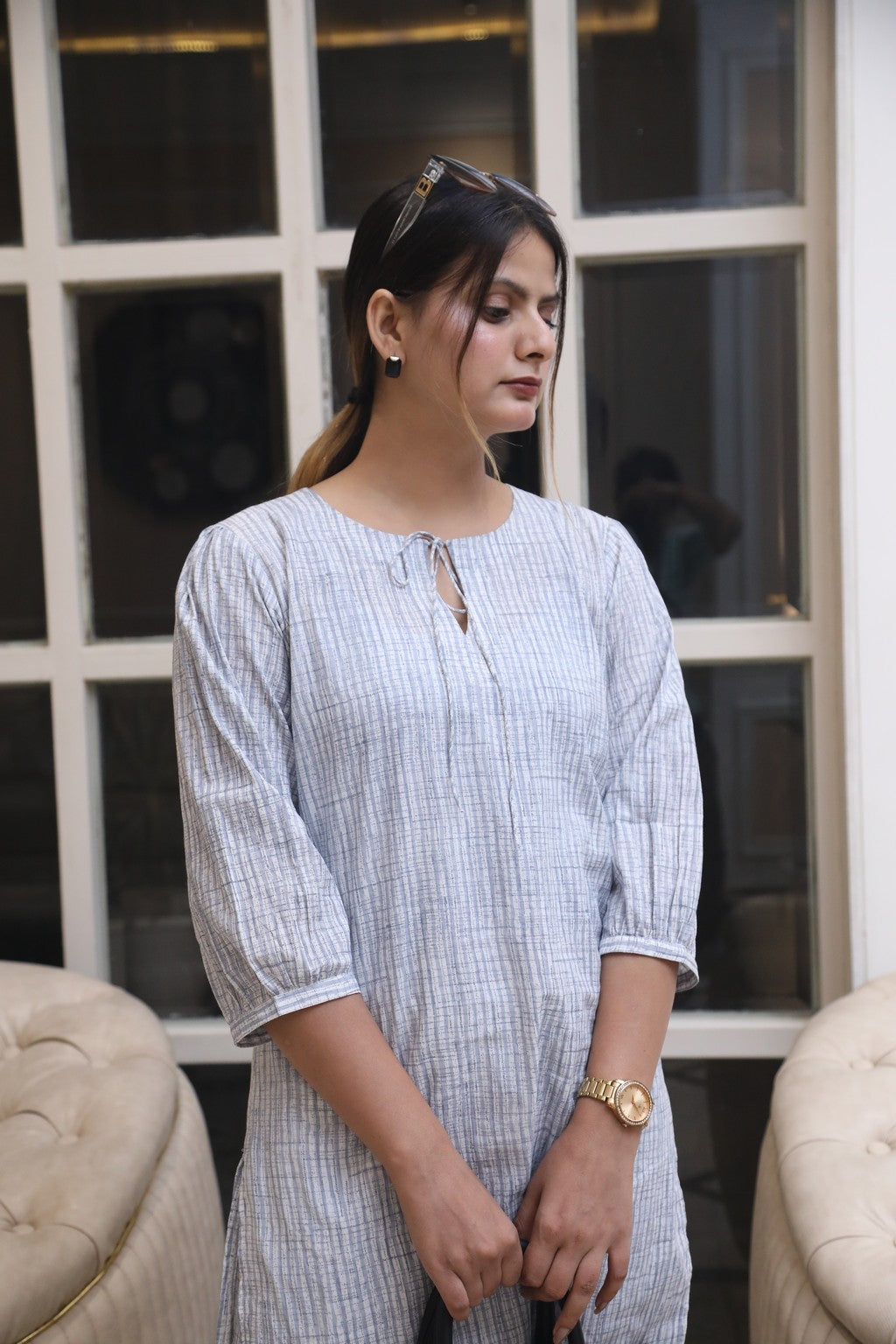 Negchar Striped Linen Kurta with Parallel Pajama Set