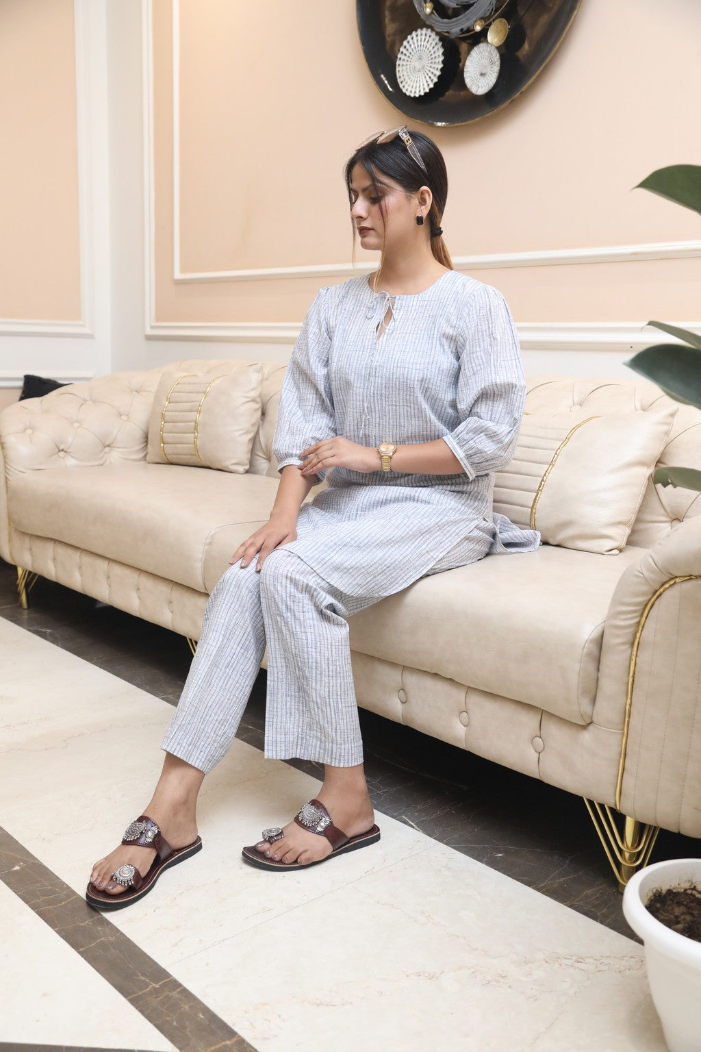 Negchar Striped Linen Kurta with Parallel Pajama Set