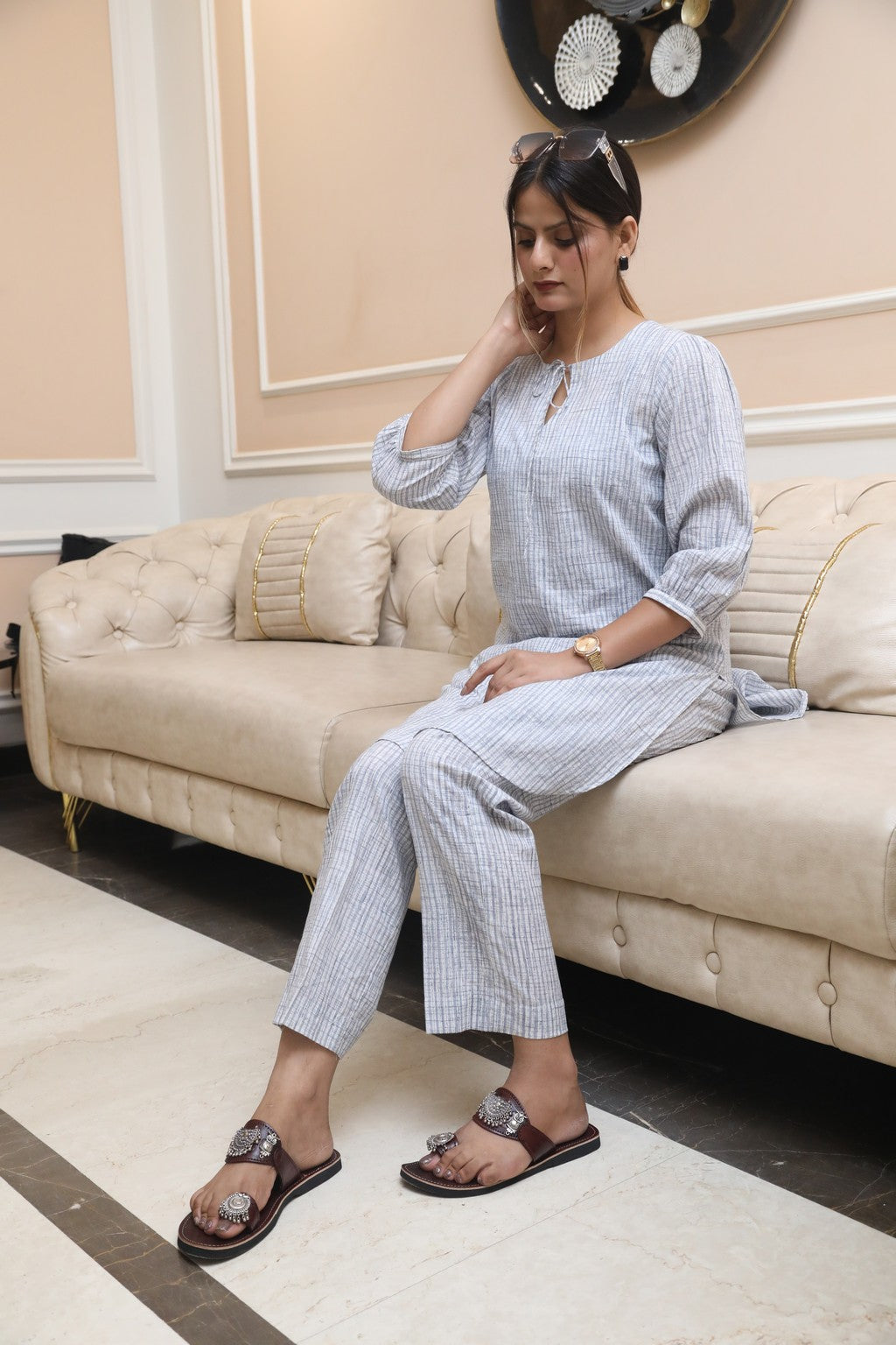 Negchar Striped Linen Kurta with Parallel Pajama Set