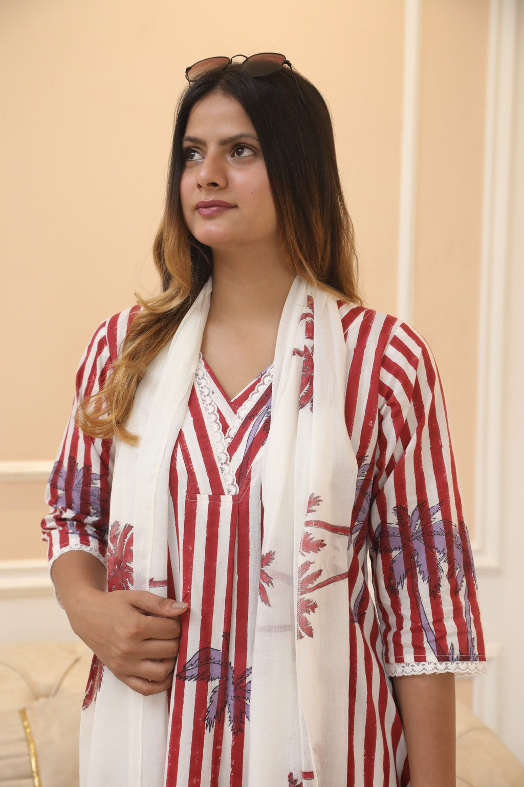 Red stripes and palm handblockprinted linen set of 3