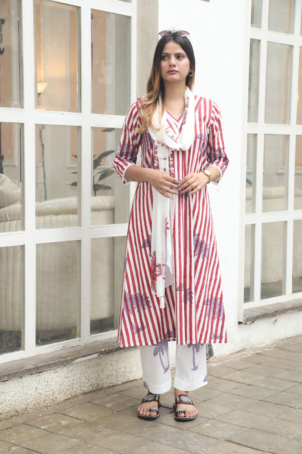 Blue stripes and palm handblockprinted linen set of 3