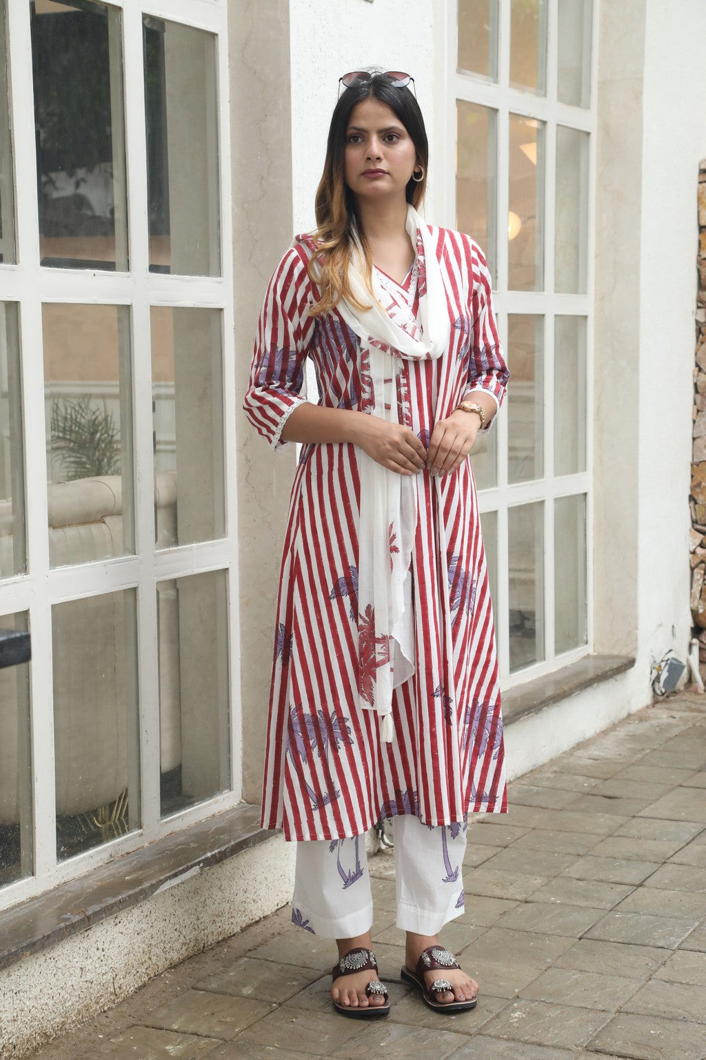 Blue stripes and palm handblockprinted linen set of 3