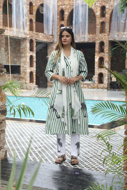 Green stripes and palm handblockprinted linen set of 3