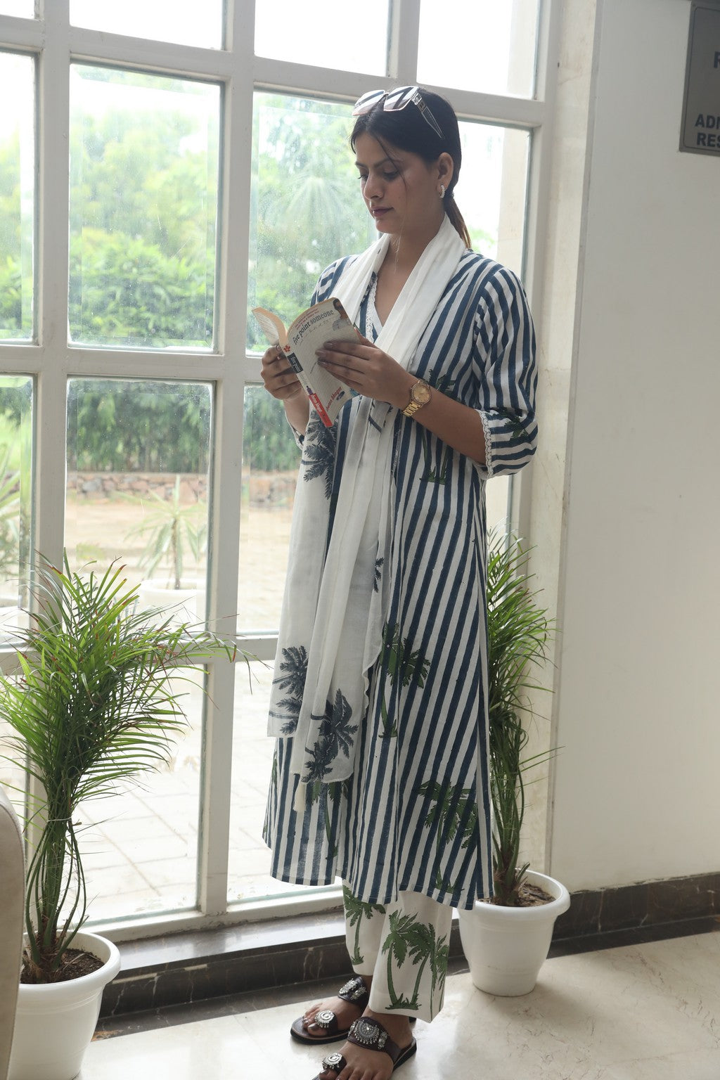 Blue stripes and palm handblockprinted linen set of 3